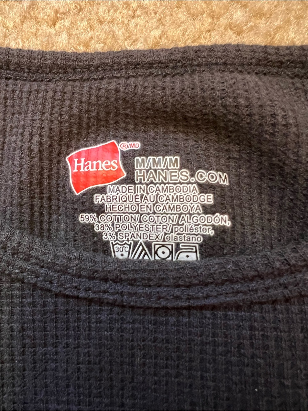 Hanes Men's Waffle Knit Thermal Shirt Black Medium Long Sleeve Base Layer - Picture 2 of 4